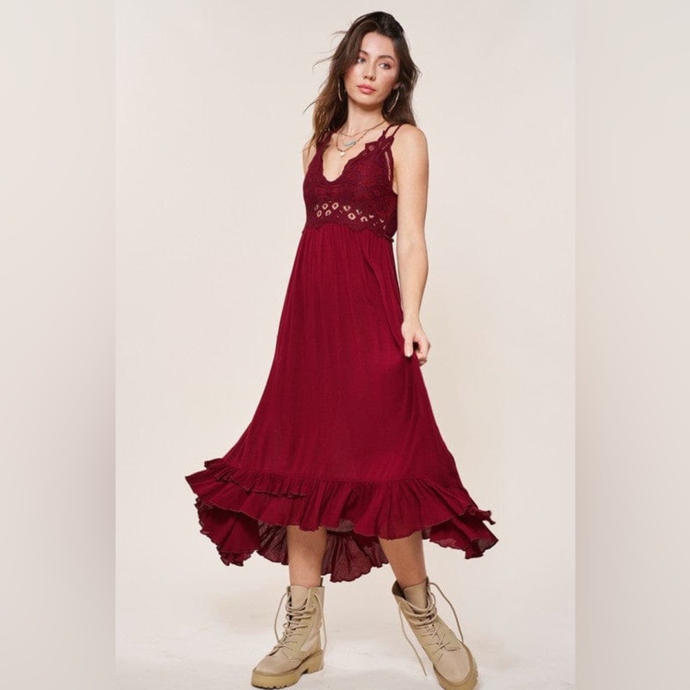 Elegant Burgundy Lace Maxi Dress - Picture 6 of 6